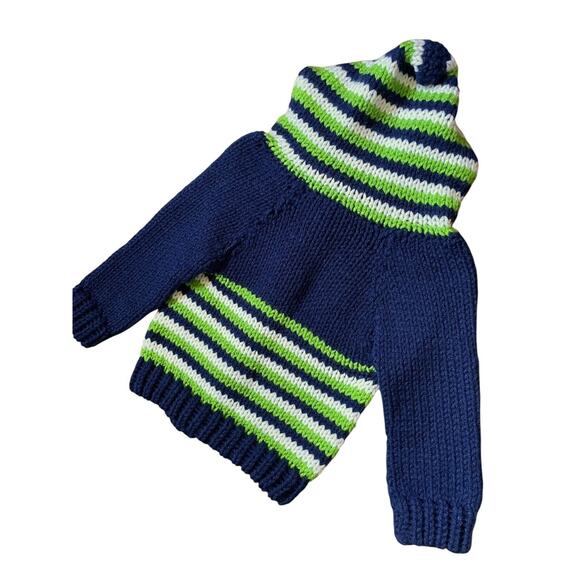 Vintage Kids Unisex Blue White Green Crochet Knit Hooded Cardigan Sweater 2T - Picture 4 of 4